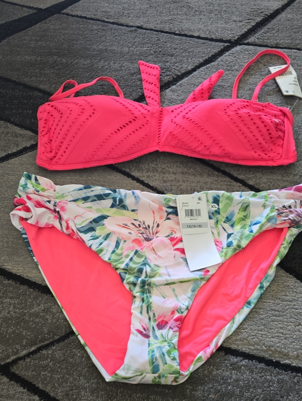 Neon Pink Eyelet Bikini Set with Floral Accents Nwt